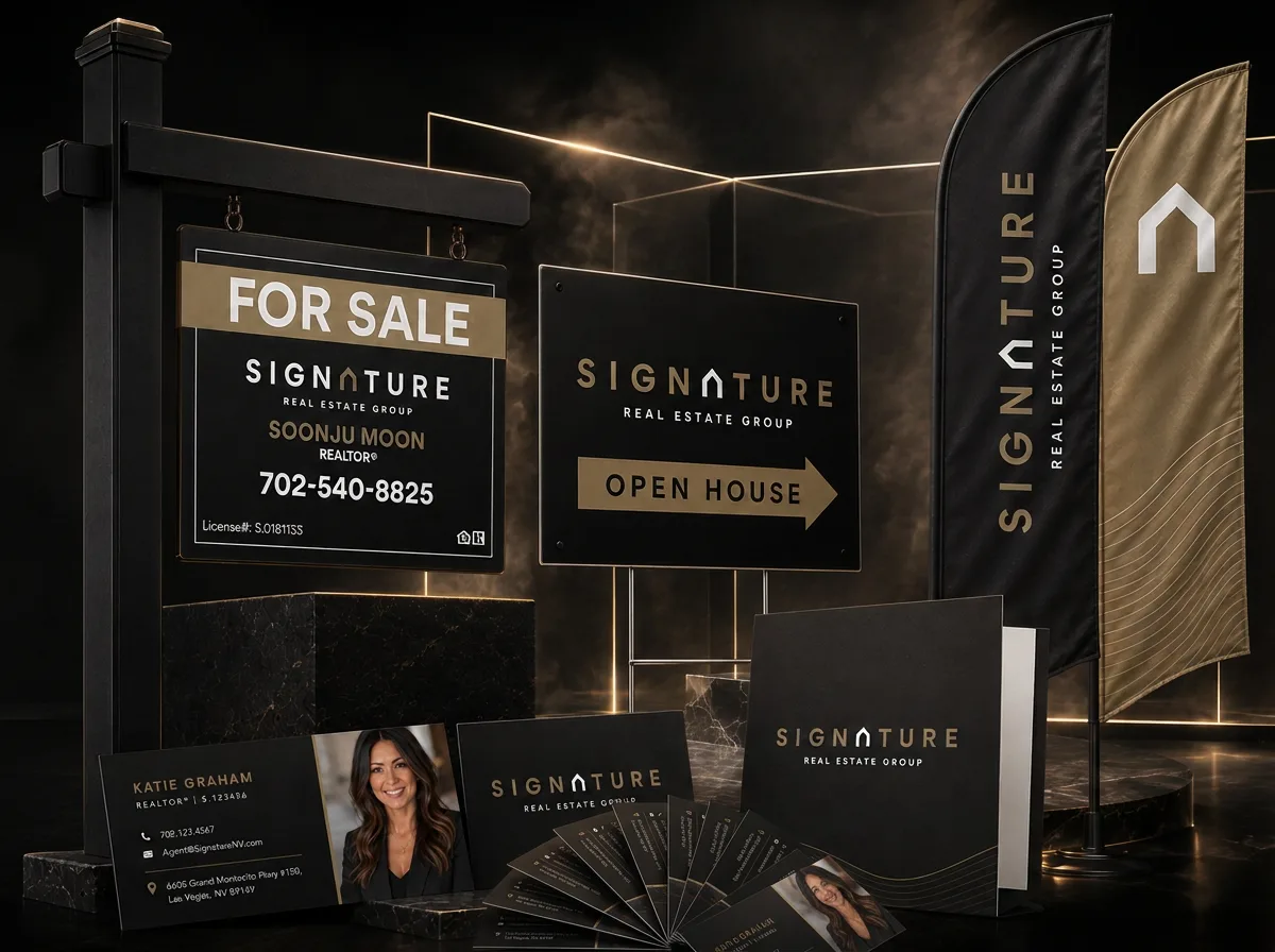 Signature Real Estate Group branded business cards, presentation folder, feather flags and listing signs on a lit display stage